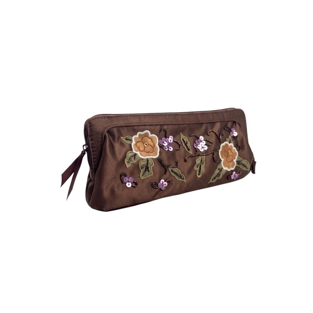 Vintage Y2K Avon Chocolate Brown 90’s Beaded Satin Evening Clutch